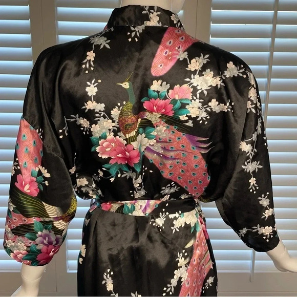 Vintage Other - Vintage Satin Robe Black With Peacock One Size Pink Light Blue Green